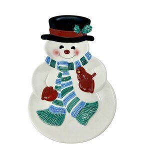 Holiday Snowman Ceramic‎ Serving Plate With Cardinal & Scarf